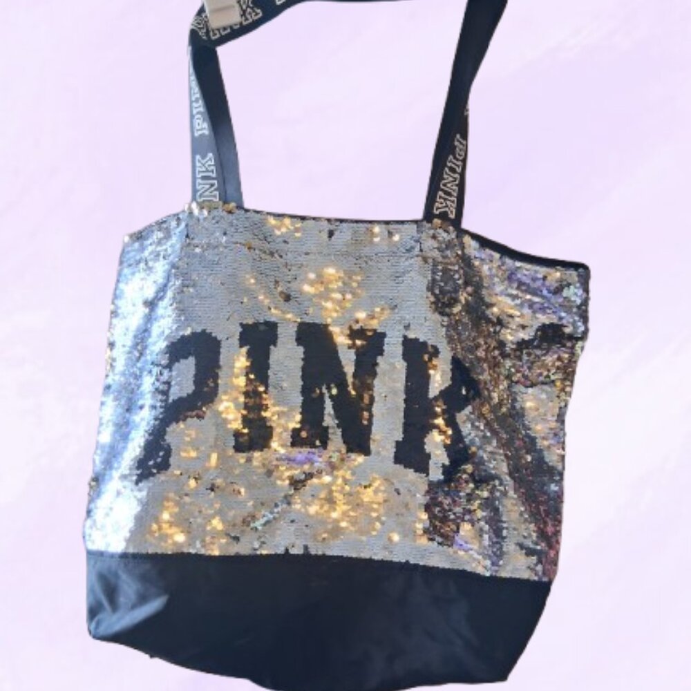 PINK Victoria's Secret heavily sequined tote bag outline pink on straps in black